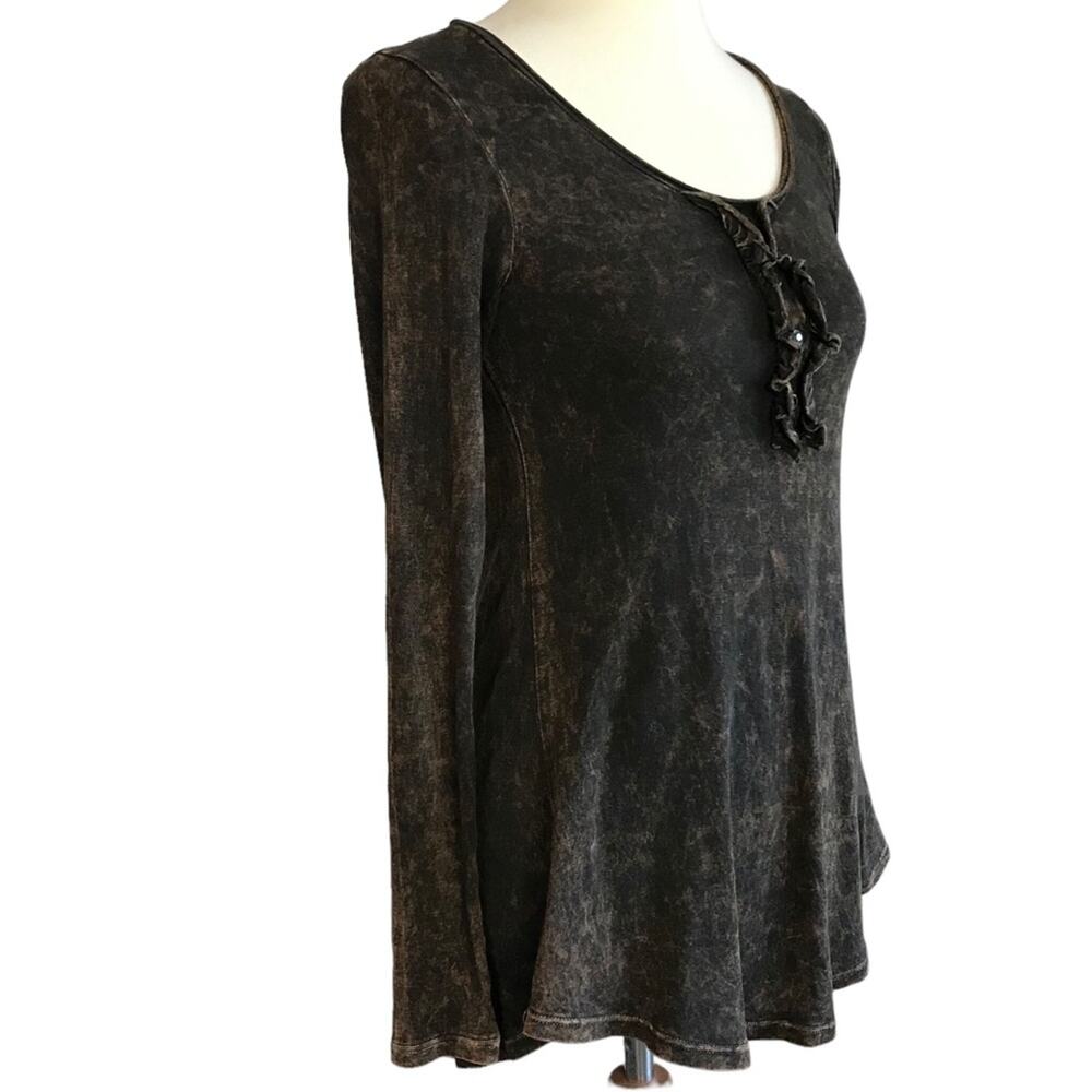 T Party Brown Stone Wash Burnout Long Sleeve Scoop Neck Fitted Tee-Shirt Small - Picture 4 of 13